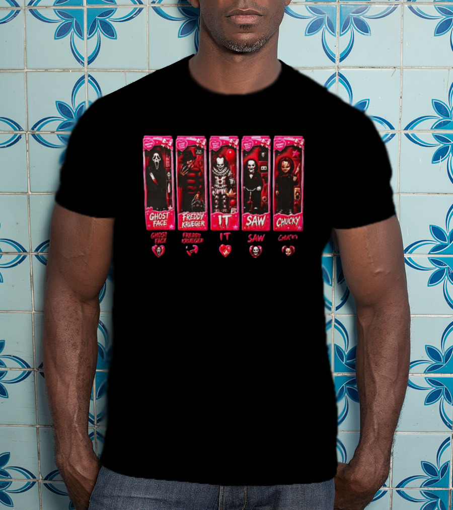 Ghost Face Freddy Krueger IT Saw Chucky Horror Characters Cards Collectible Toy Box Hearts T-Shirt