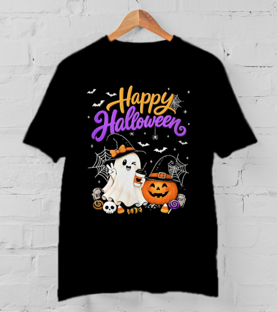 Happy Halloween Ghost Pumpkin Candy And Spider Webs T-Shirt