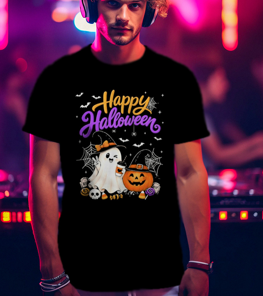 Happy Halloween Ghost Pumpkin Candy And Spider Webs T-Shirt