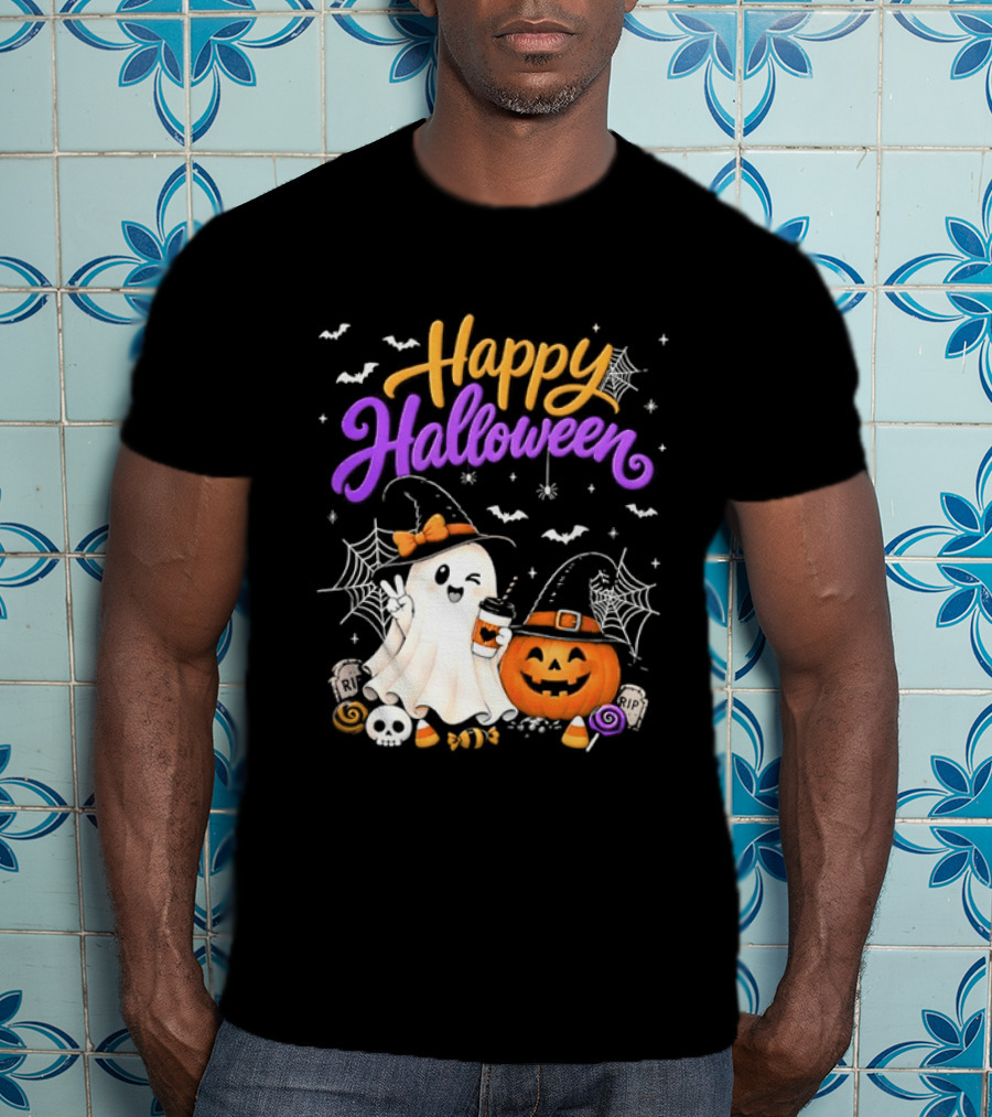 Happy Halloween Ghost Pumpkin Candy And Spider Webs T-Shirt