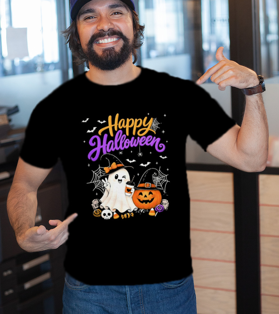 Happy Halloween Ghost Pumpkin Candy And Spider Webs T-Shirt