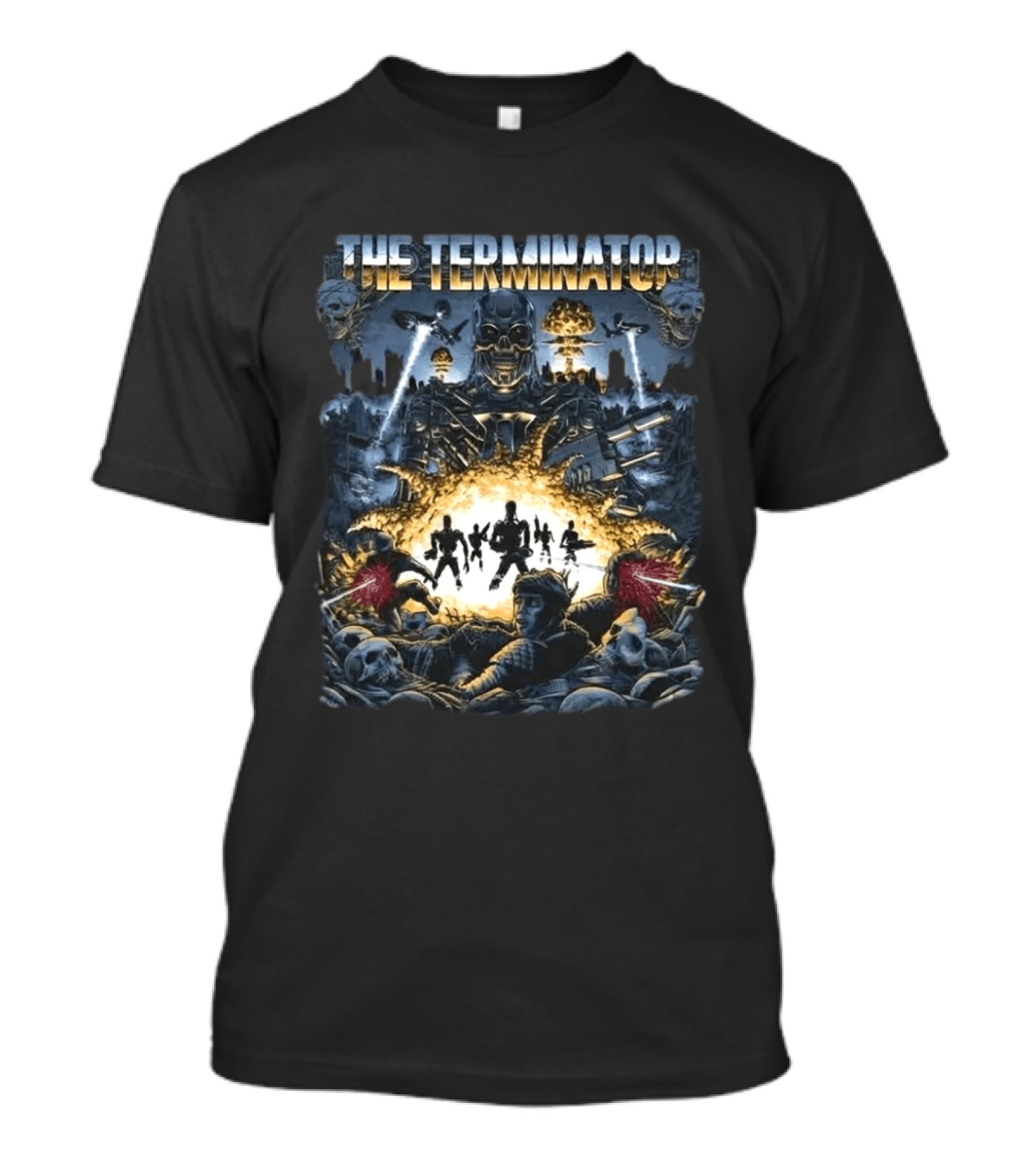 The Terminator Explosive Battle Scene Skull Motif With 800 Endoskeleton T-Shirt