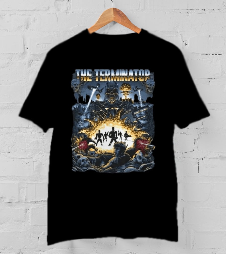 The Terminator Explosive Battle Scene Skull Motif With 800 Endoskeleton T-Shirt