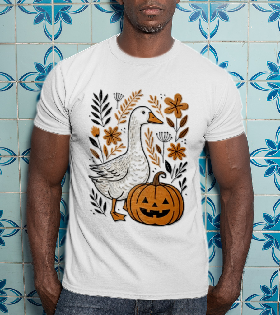Goose With Jack O' Lantern Pumpkin Autumn Leaves And Flowers T-Shirt