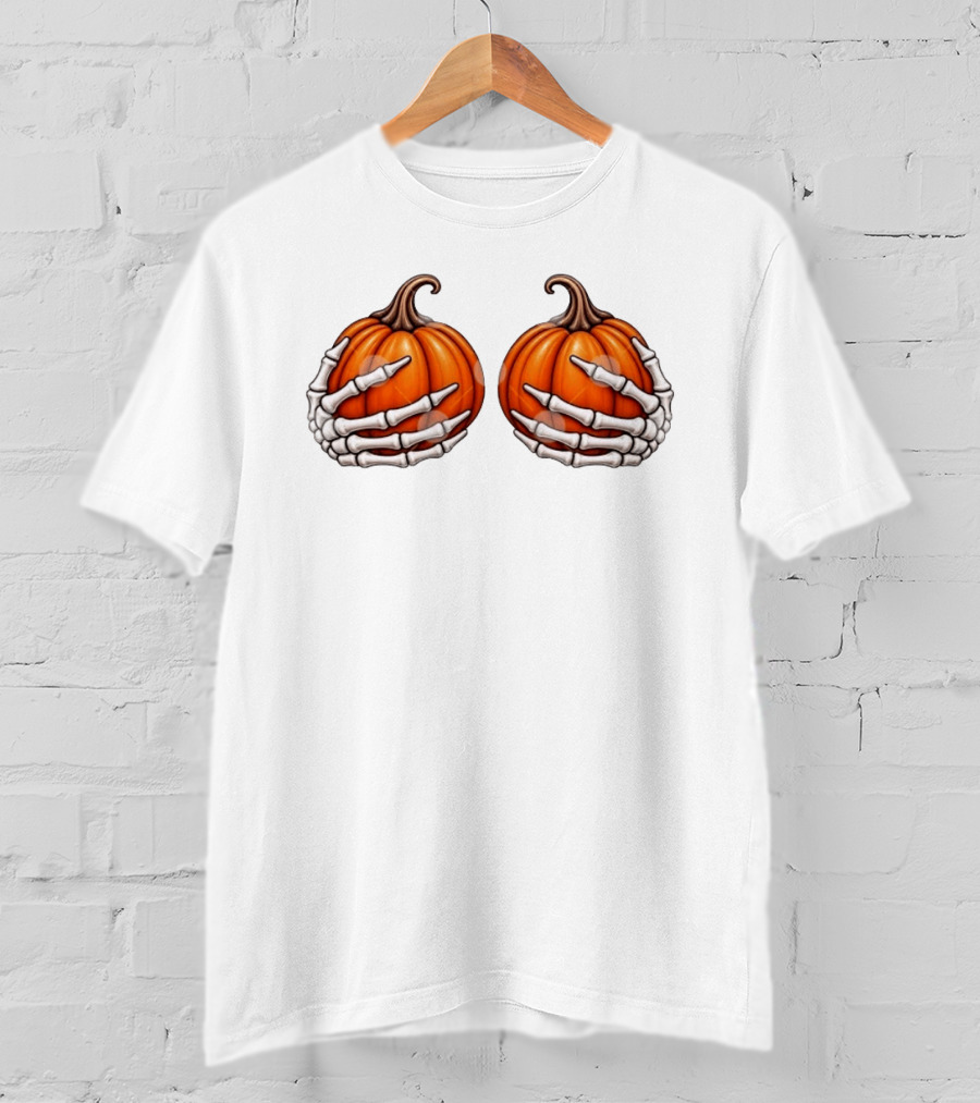 Skeleton Hands Holding Pumpkins Halloween Scary Realistic T-Shirt