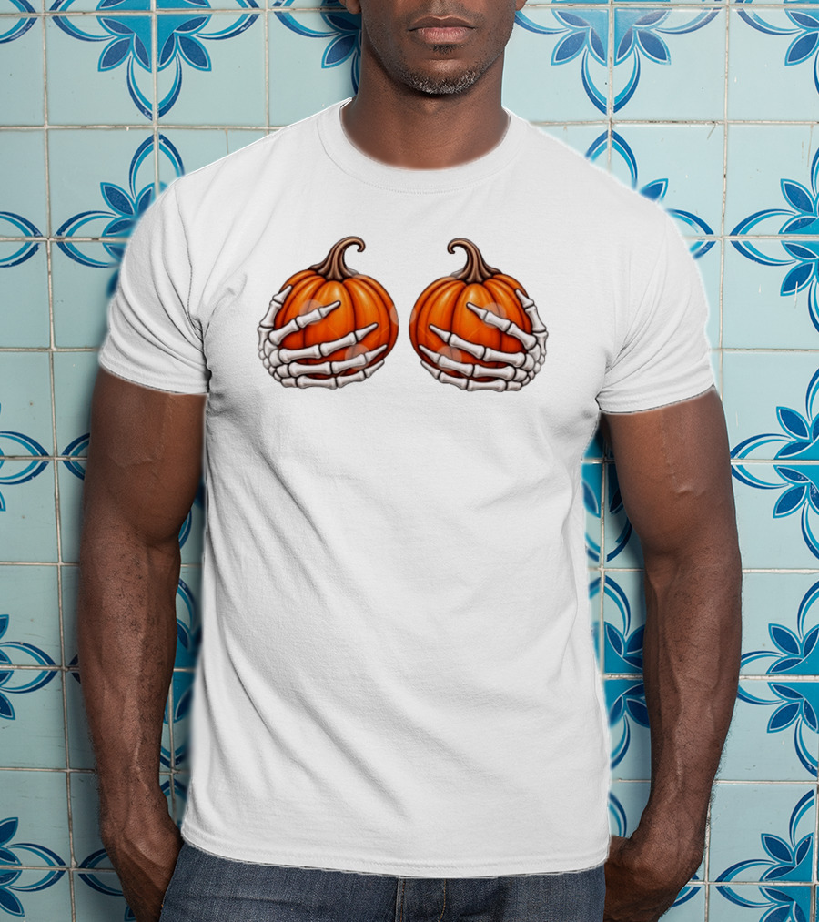 Skeleton Hands Holding Pumpkins Halloween Scary Realistic T-Shirt