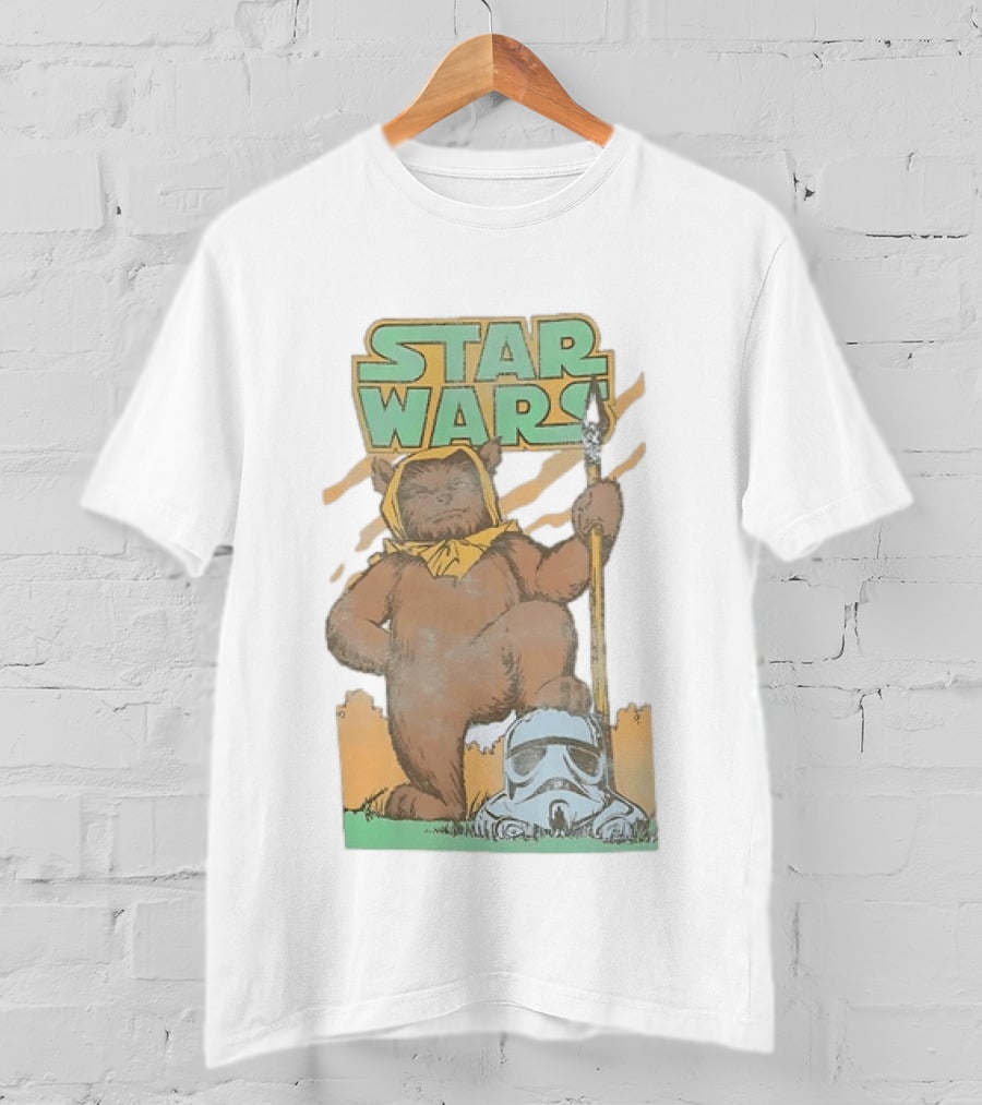 Star Wars Ewok Holding Spear With Stormtrooper Helmet T-Shirt