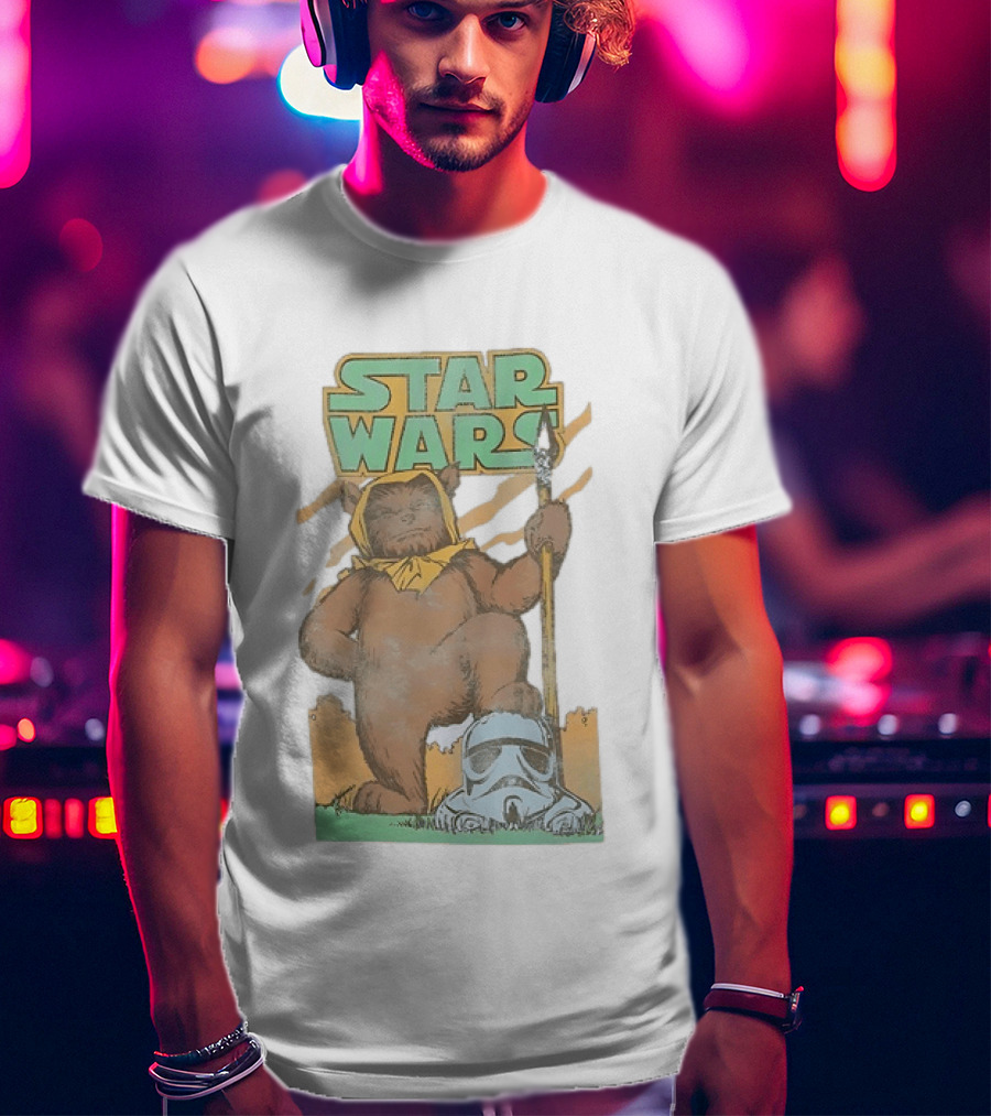 Star Wars Ewok Holding Spear With Stormtrooper Helmet T-Shirt