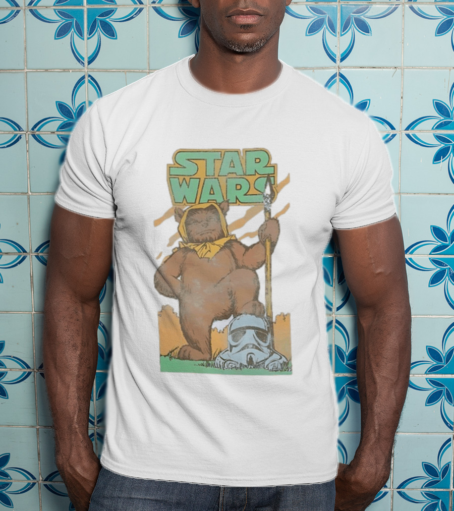 Star Wars Ewok Holding Spear With Stormtrooper Helmet T-Shirt
