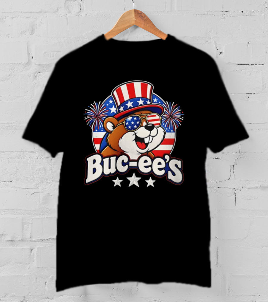 Buc Ee's Patriotic Beaver Fireworks Hat And Sunglasses Celebration T-Shirt