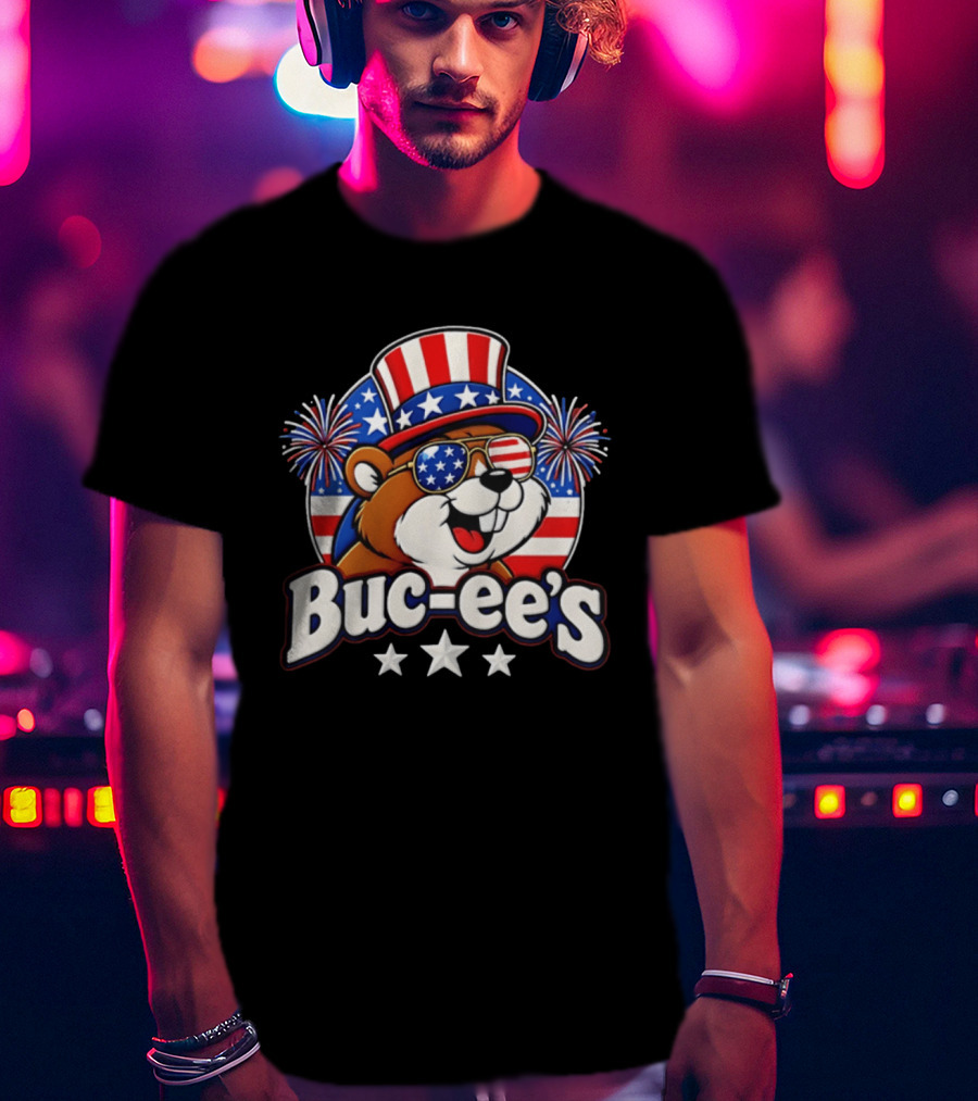 Buc Ee's Patriotic Beaver Fireworks Hat And Sunglasses Celebration T-Shirt
