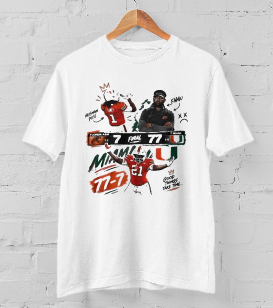 Miami 77 Final Florida A&M 7 College Football Game Highlights T-Shirt