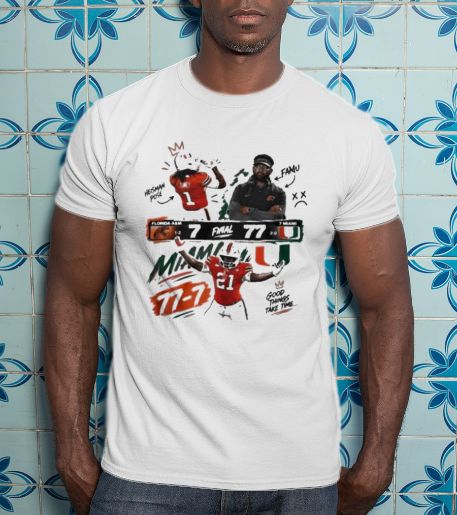 Miami 77 Final Florida A&M 7 College Football Game Highlights T-Shirt
