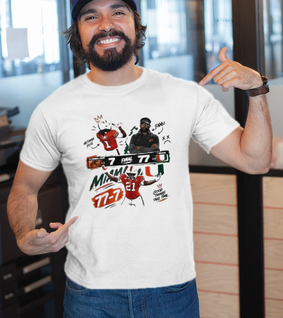 Miami 77 Final Florida A&M 7 College Football Game Highlights T-Shirt