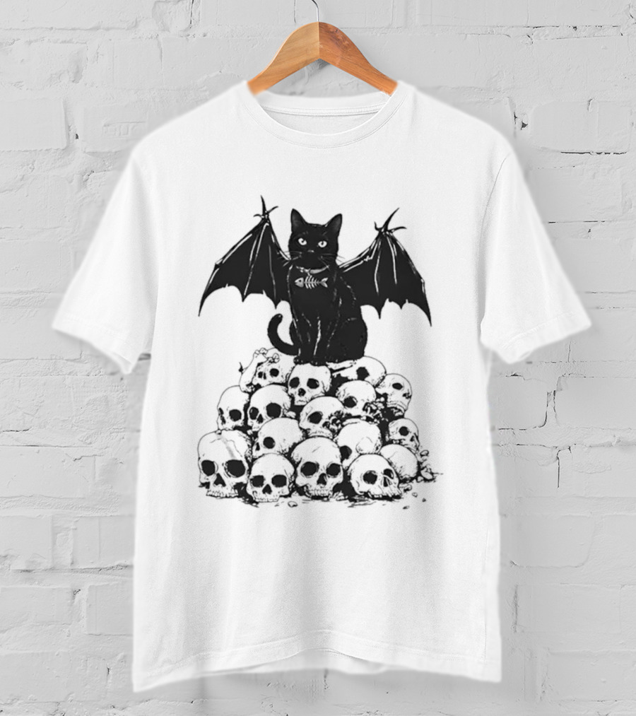 Black Bat Cat Sitting On Human Skulls T-Shirt