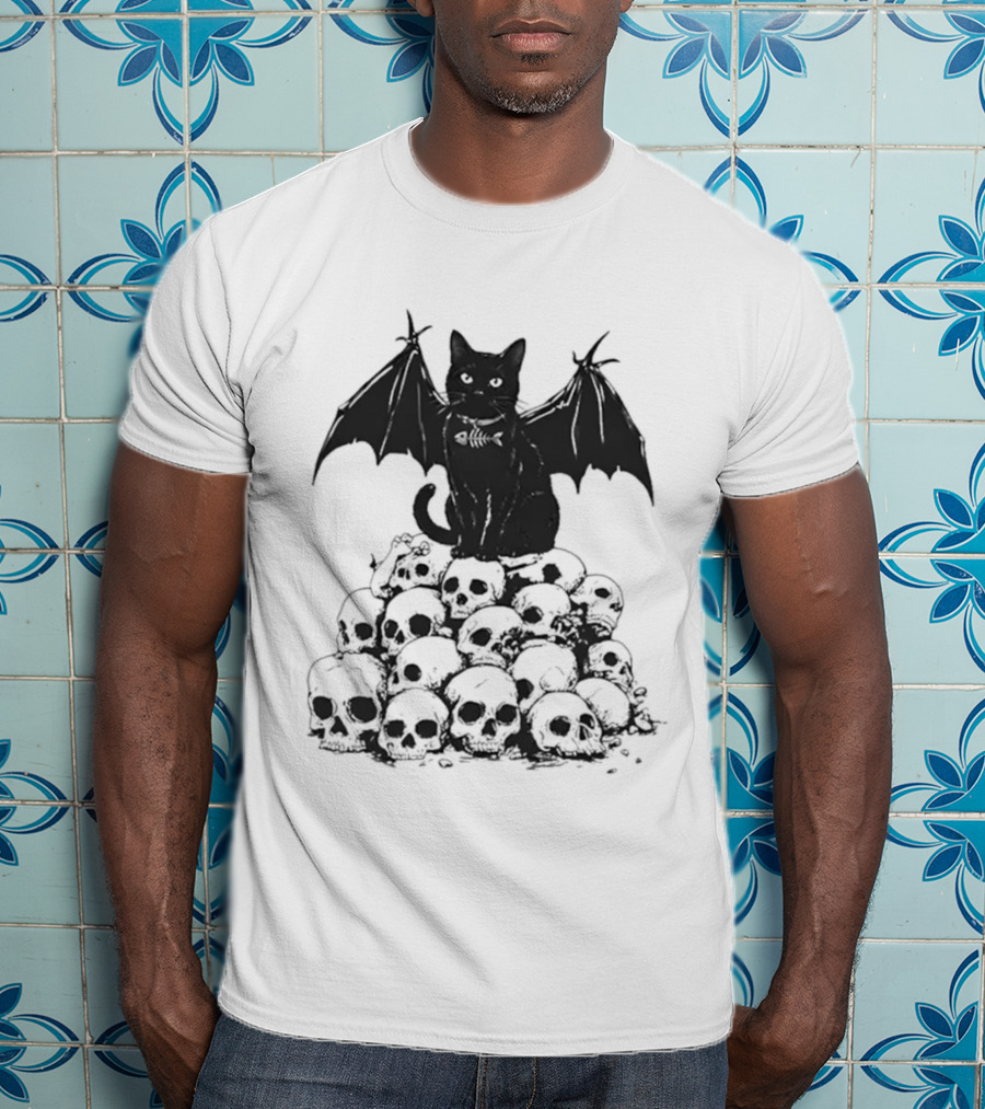 Black Bat Cat Sitting On Human Skulls T-Shirt