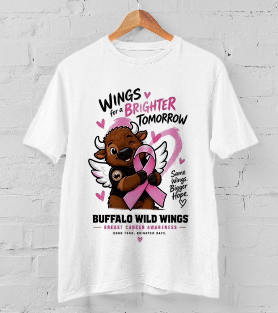 Wings For A Brighter Tomorrow Buffalo Wild Wings Breast Cancer Awareness Pink Ribbon Hearts T-Shirt