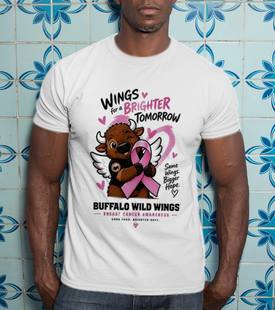 Wings For A Brighter Tomorrow Buffalo Wild Wings Breast Cancer Awareness Pink Ribbon Hearts T-Shirt