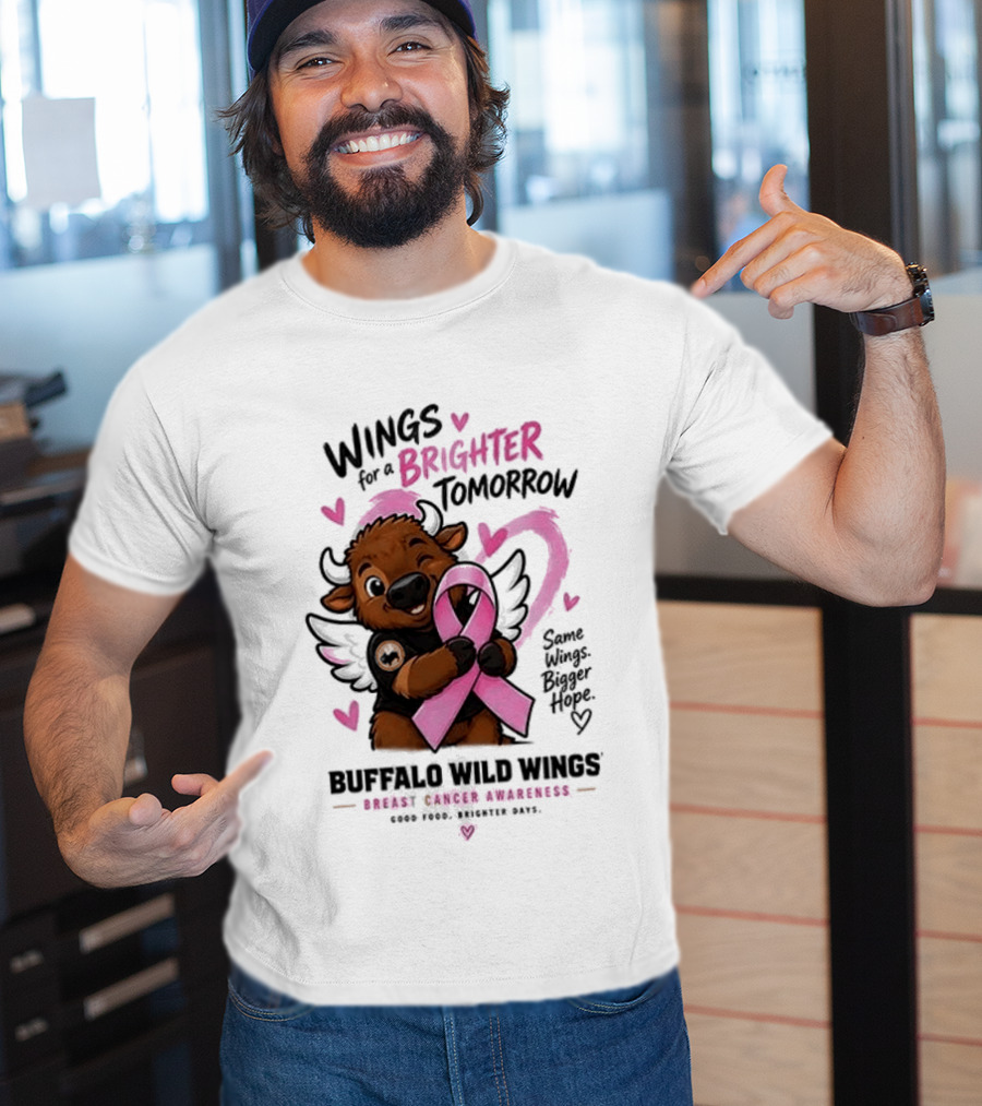 Wings For A Brighter Tomorrow Buffalo Wild Wings Breast Cancer Awareness Pink Ribbon Hearts T-Shirt