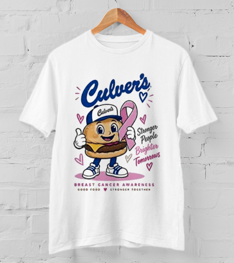 Culver's Breast Cancer Awareness Stronger People Brighter Tomorrows Burger Character With Pink Ribbon T-Shirt