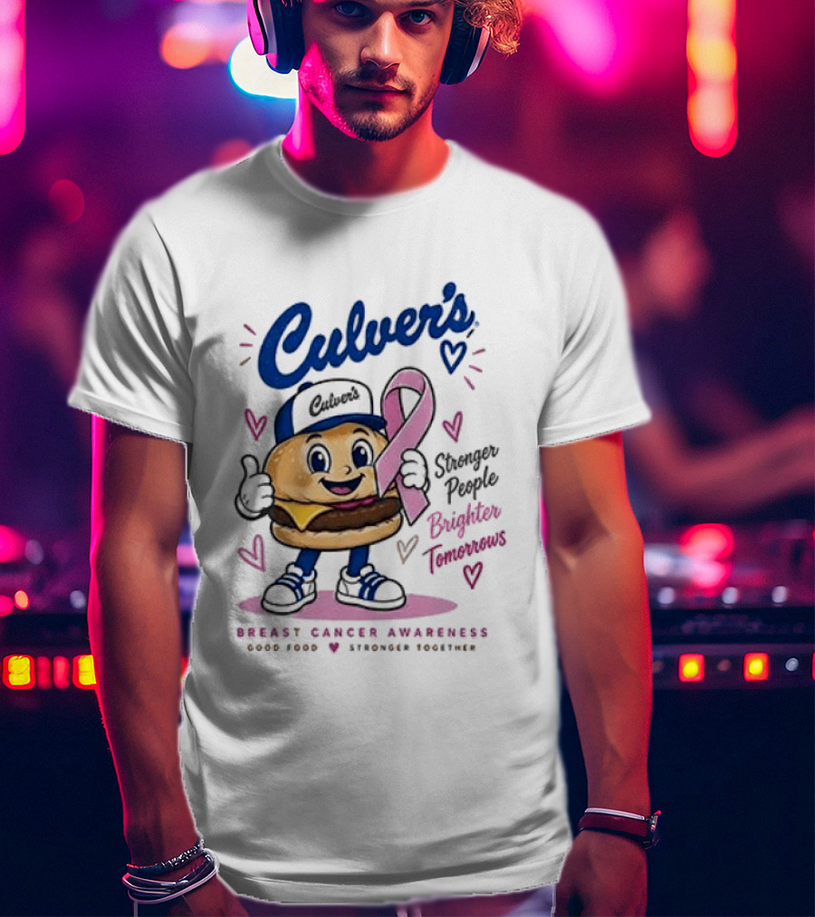 Culver's Breast Cancer Awareness Stronger People Brighter Tomorrows Burger Character With Pink Ribbon T-Shirt