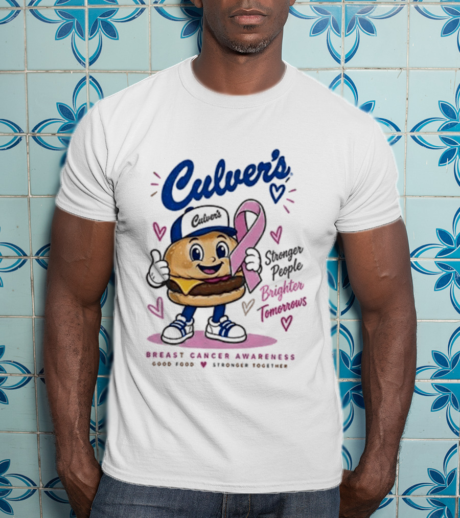 Culver's Breast Cancer Awareness Stronger People Brighter Tomorrows Burger Character With Pink Ribbon T-Shirt