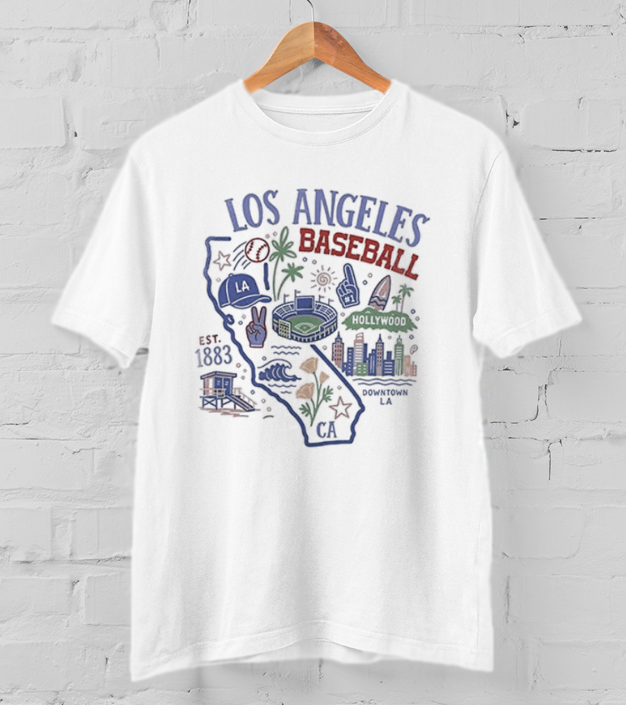 Los Angeles Baseball Est 1883 California Map Stadium And Poppy Flowers T-Shirt