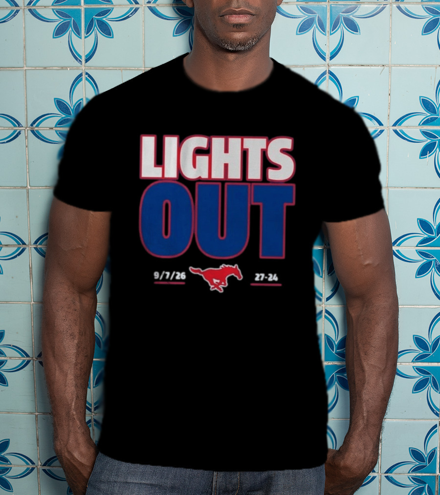 SMU Mustangs Football Lights Out 9 7 26 27 24 T-Shirt