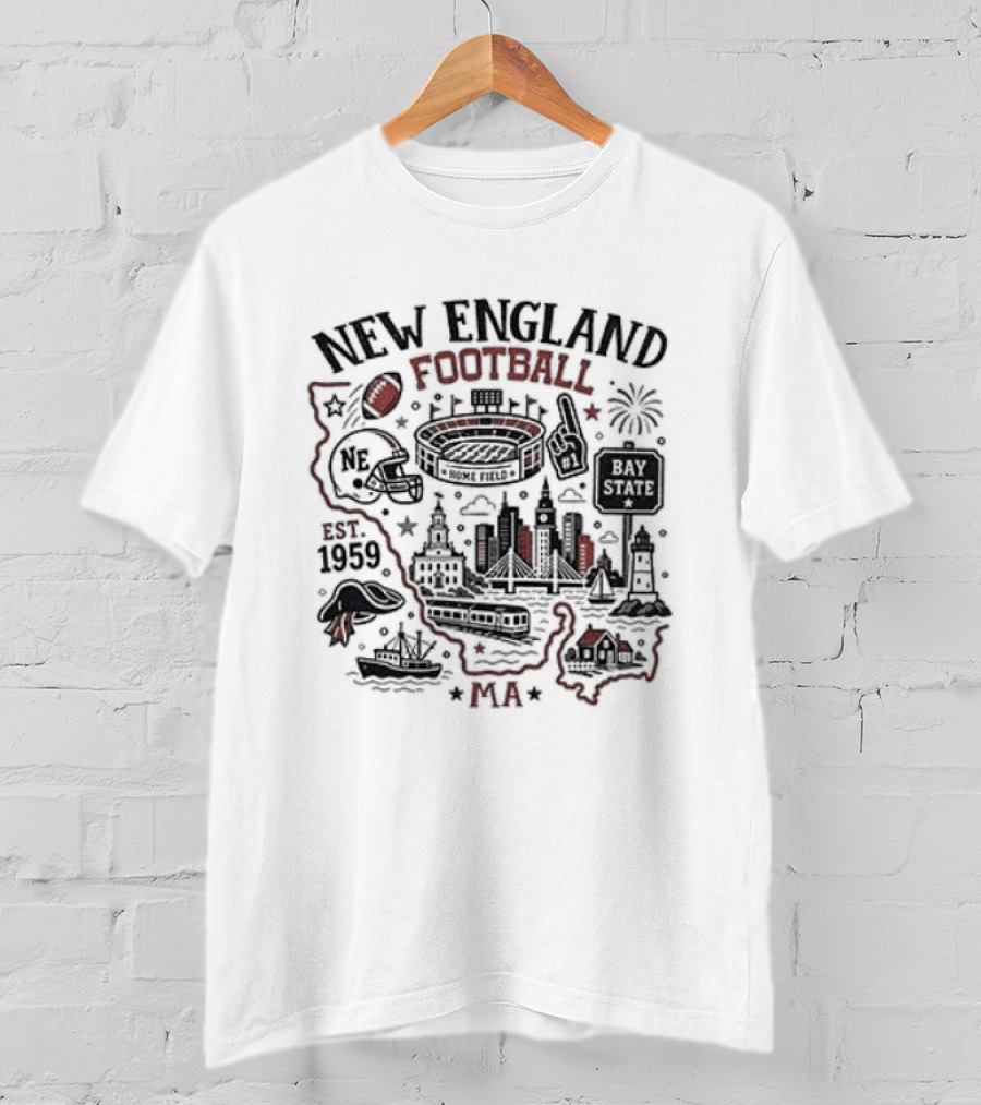New England Football Est 1959 Massachusetts Map Stadium T-Shirt