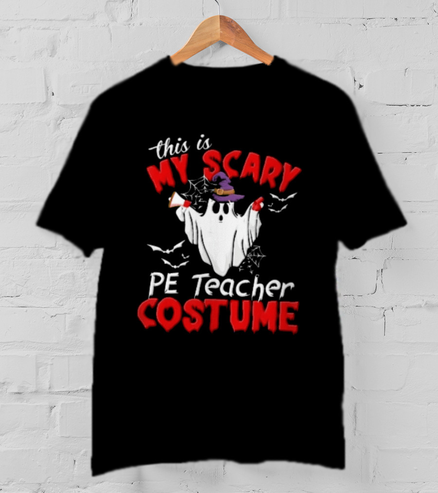 Scary PE Teacher Costume Ghost Witch Hat Whistle Megaphone Halloween T-Shirt