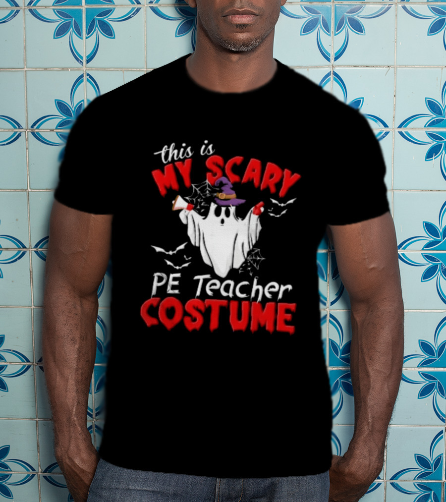 Scary PE Teacher Costume Ghost Witch Hat Whistle Megaphone Halloween T-Shirt