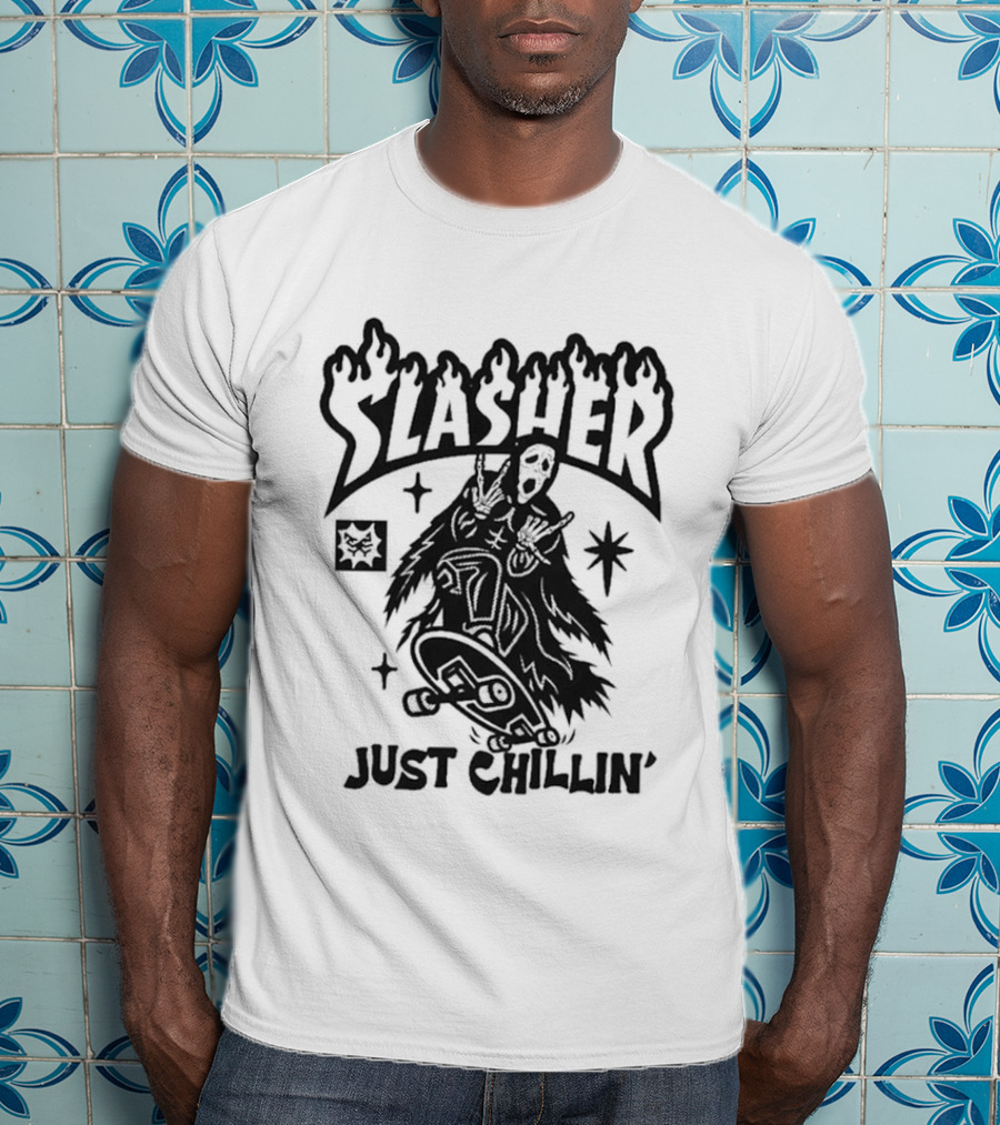 Slasher Just Chillin' Ghostface Skateboard Scream Horror T-Shirt