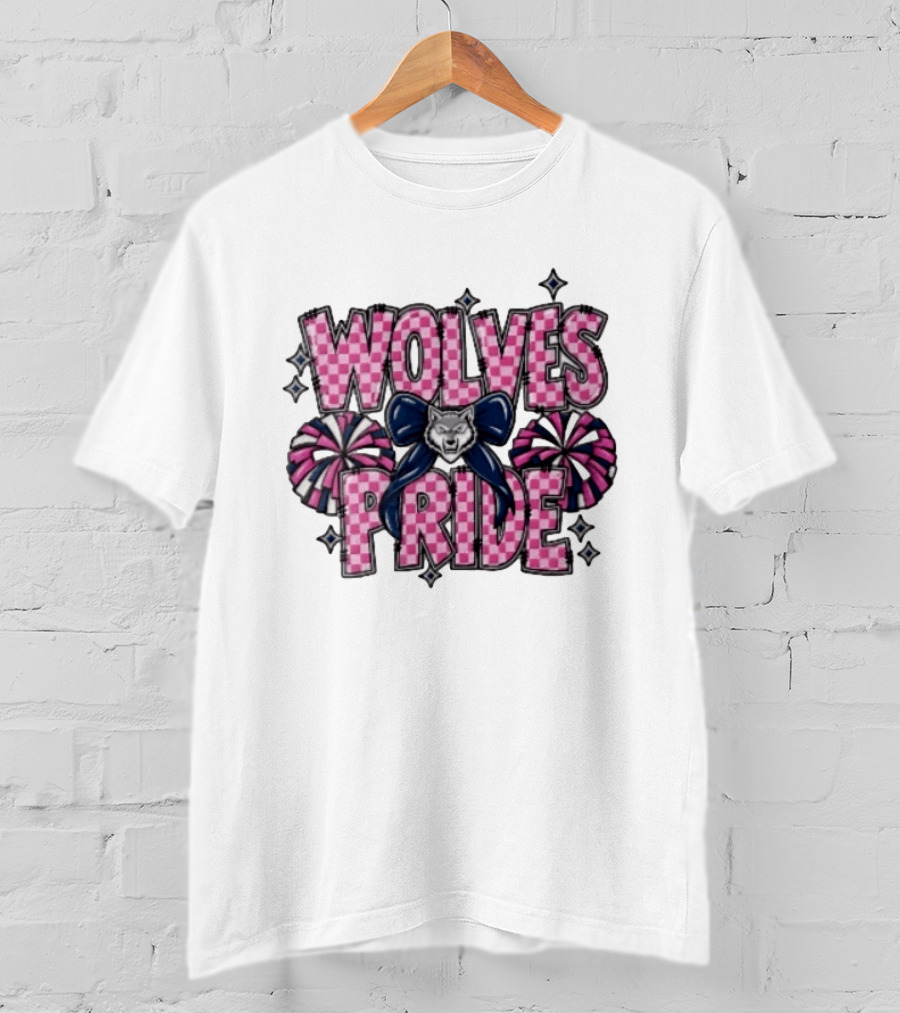Wolves Pride Pink Checkered Cheerleading Pompoms And Wolf Bow T-Shirt