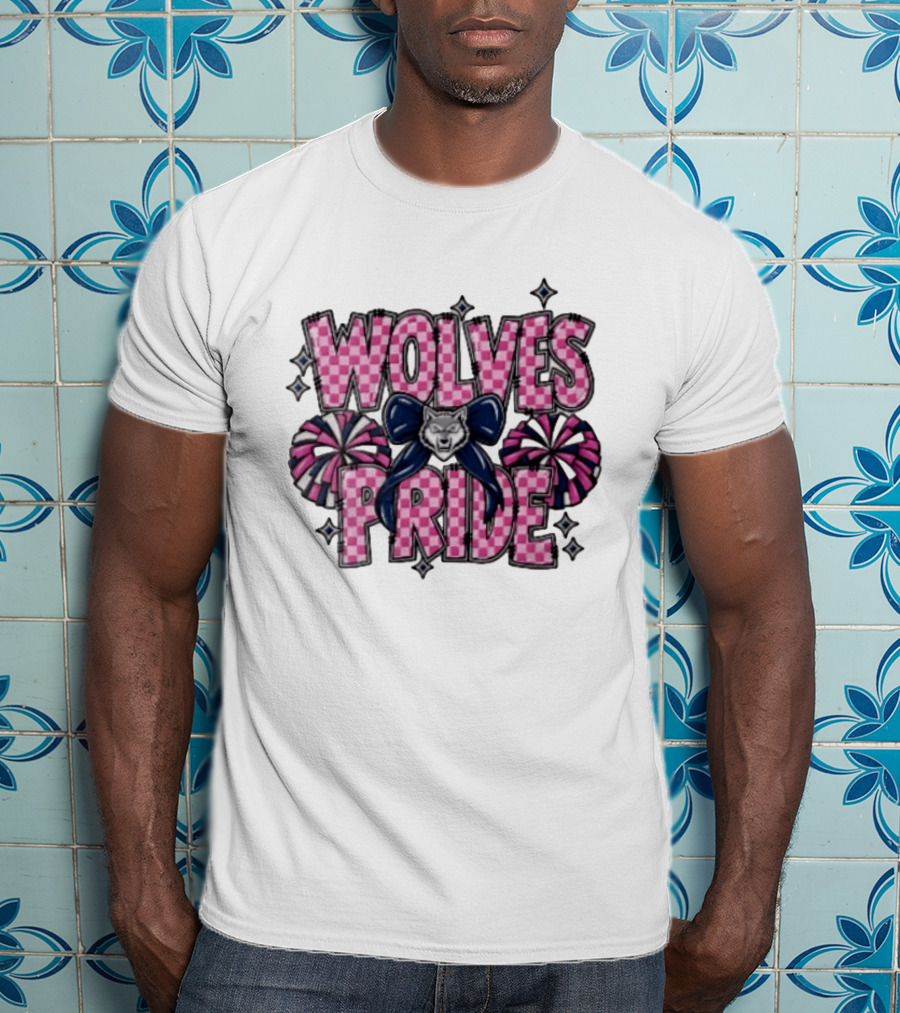 Wolves Pride Pink Checkered Cheerleading Pompoms And Wolf Bow T-Shirt