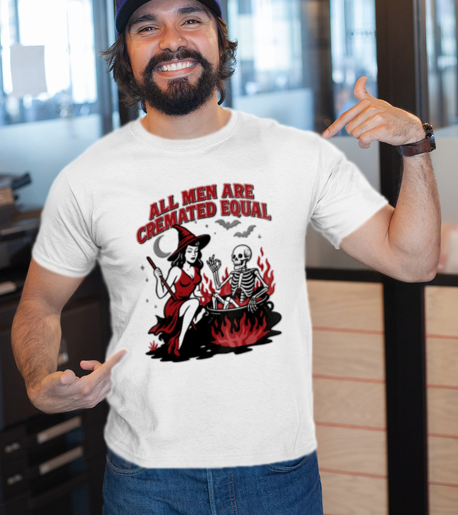 All Men Are Cremated Equal Witch Skeleton Cauldron Halloween T-Shirt