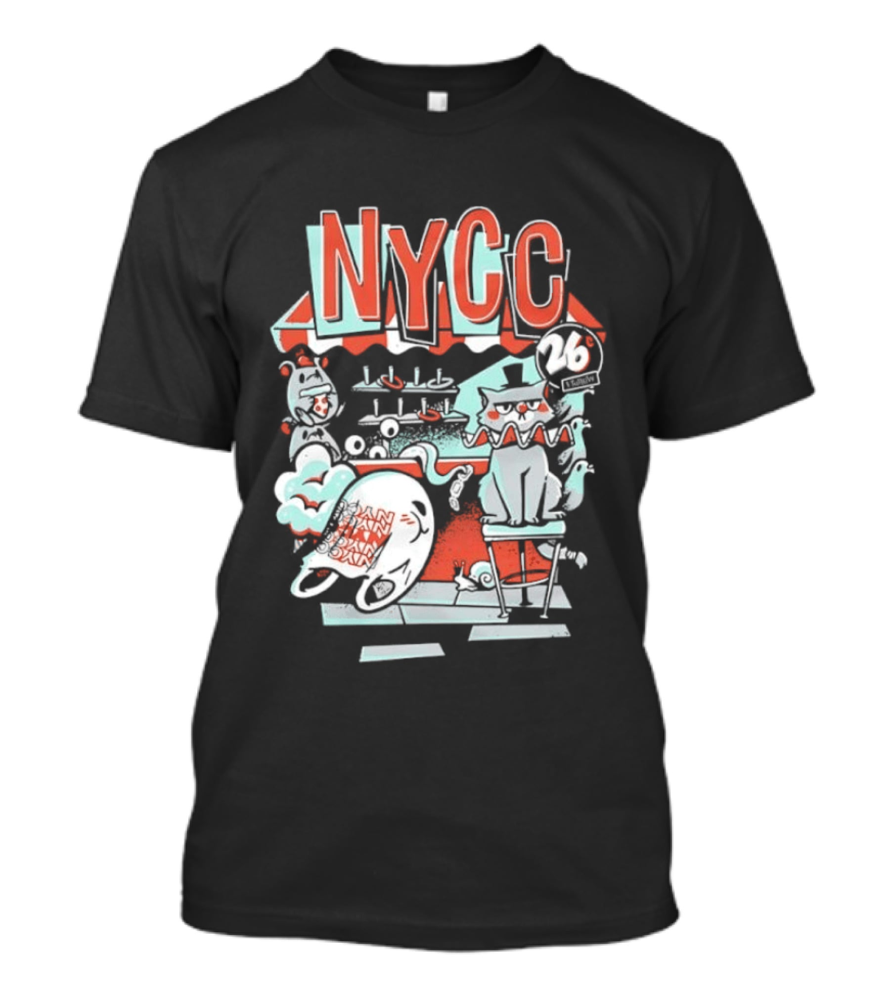 NYCC 26 Cent 1 Throw Carnival Cat Retro Style Comic Fairground Fun T-Shirt
