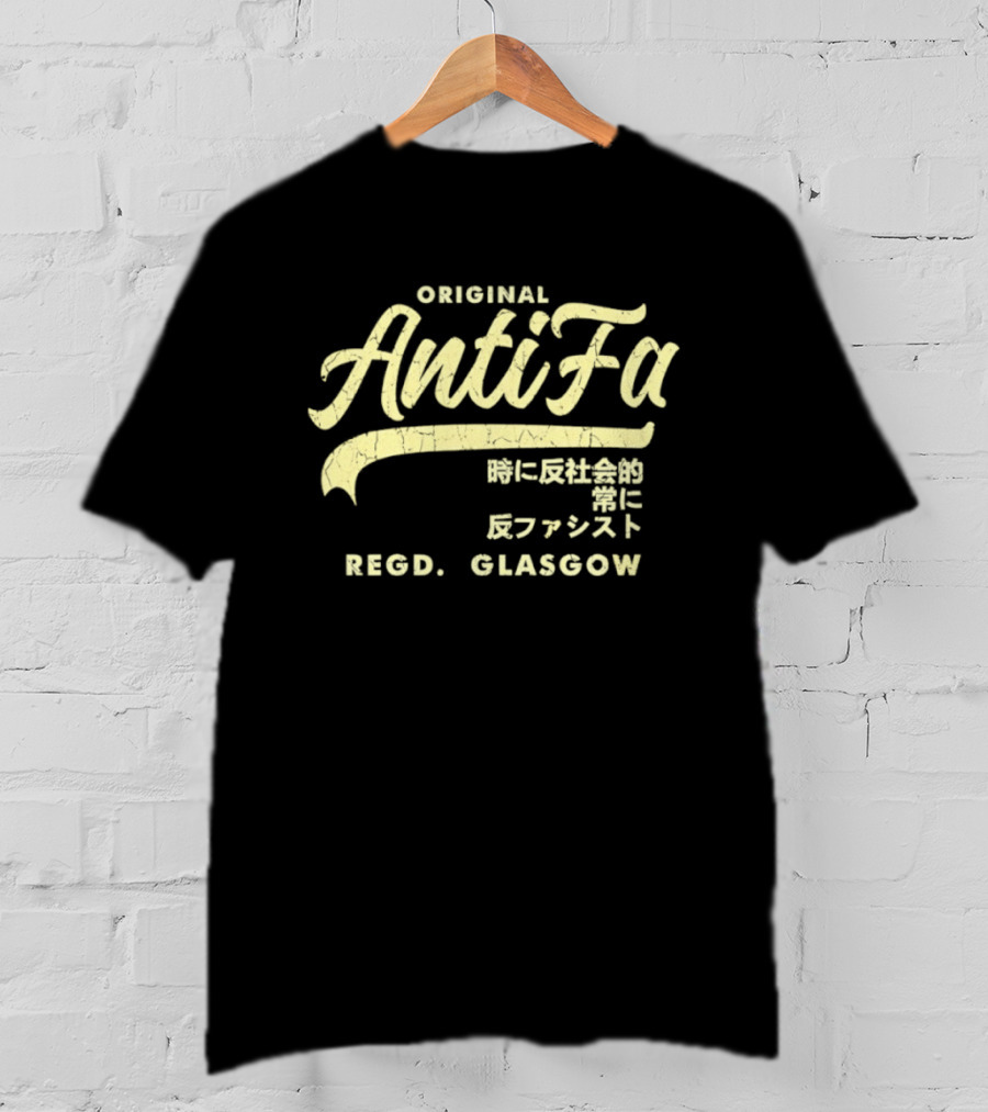 Original AntiFa Regd Glasgow Distressed Japanese Text Anti Fascist T-Shirt