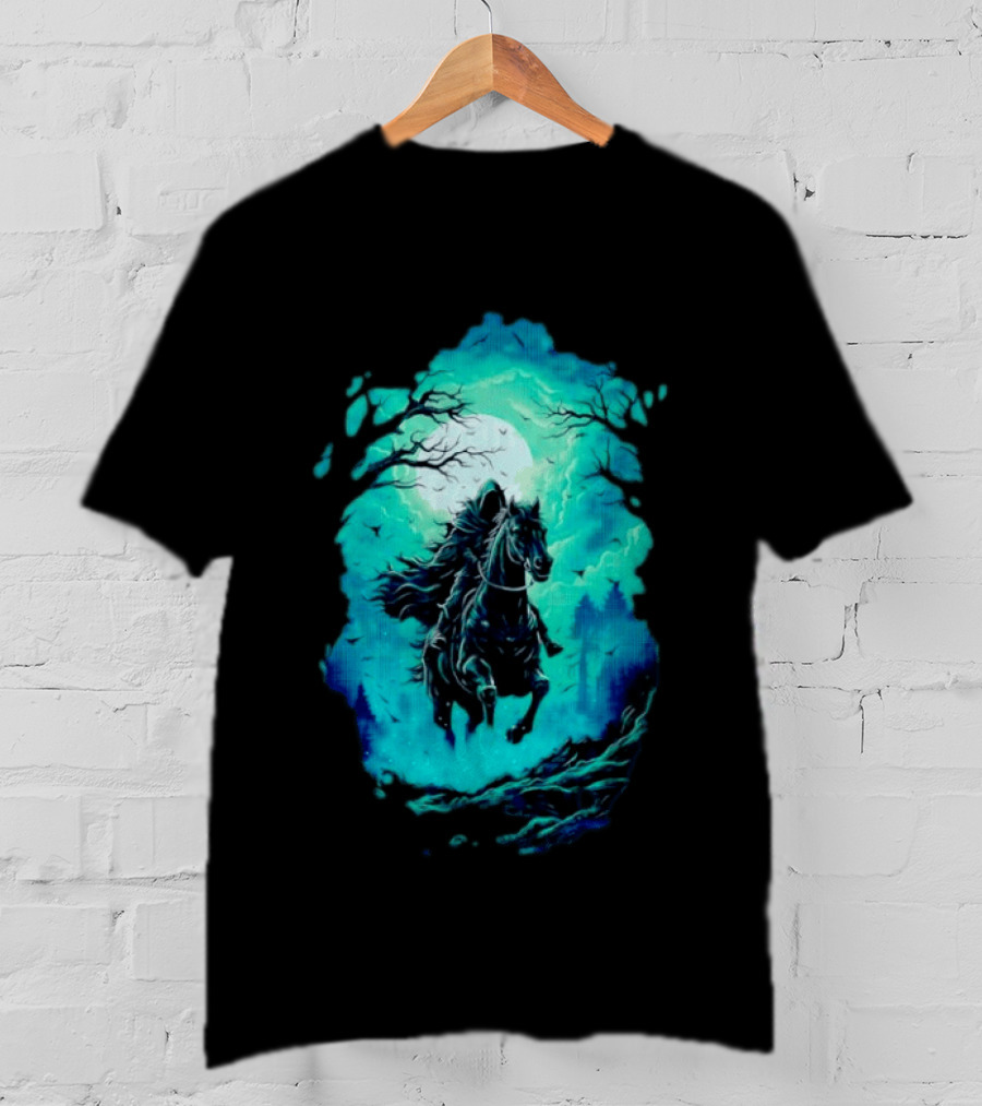 Headless Horseman Eerie Night Ride Through Spooky Forest T-Shirt