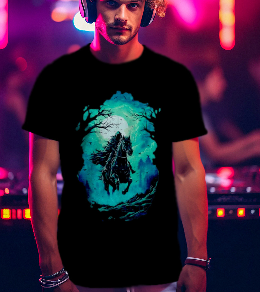 Headless Horseman Eerie Night Ride Through Spooky Forest T-Shirt