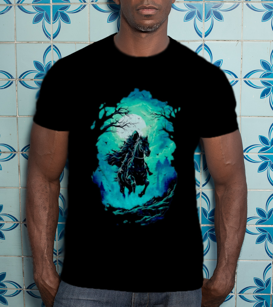 Headless Horseman Eerie Night Ride Through Spooky Forest T-Shirt