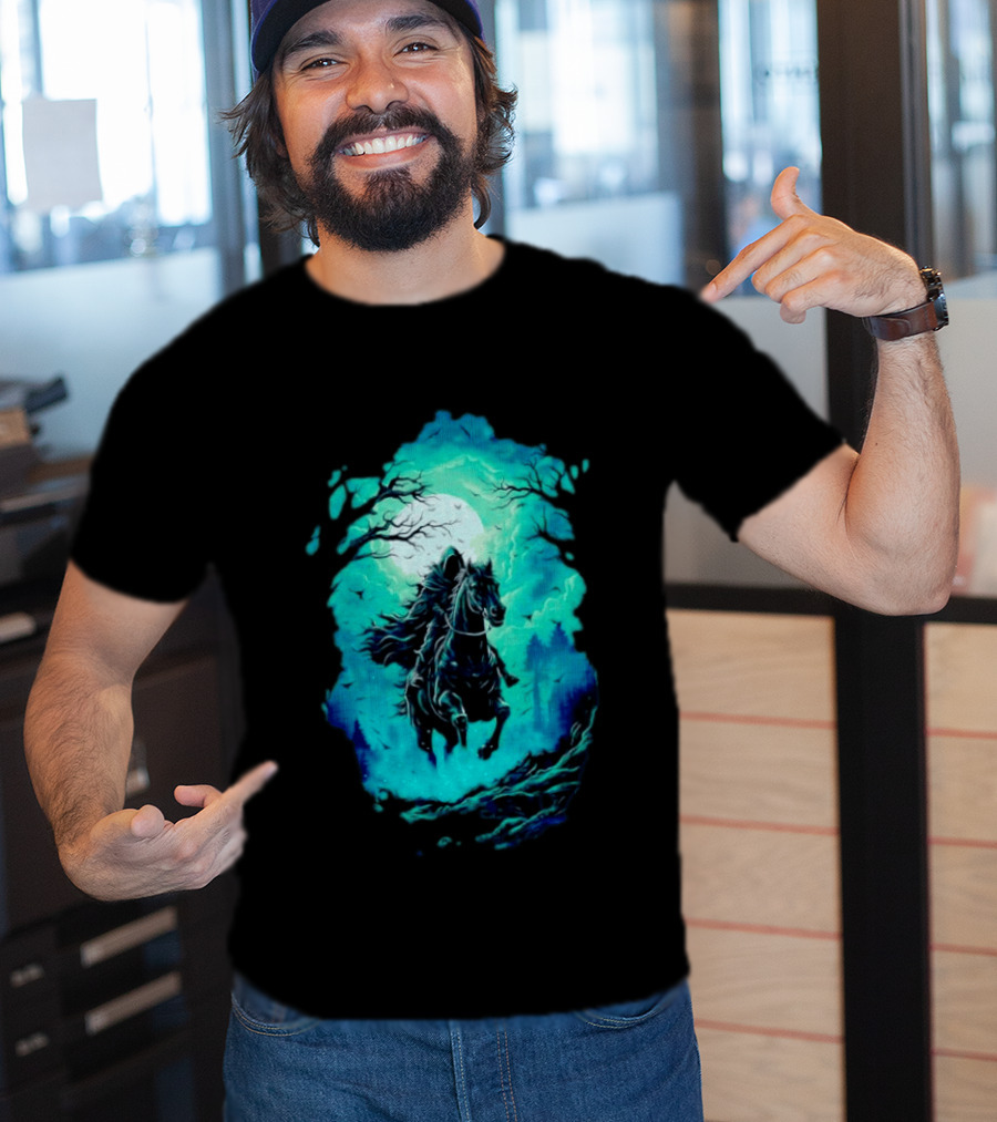 Headless Horseman Eerie Night Ride Through Spooky Forest T-Shirt