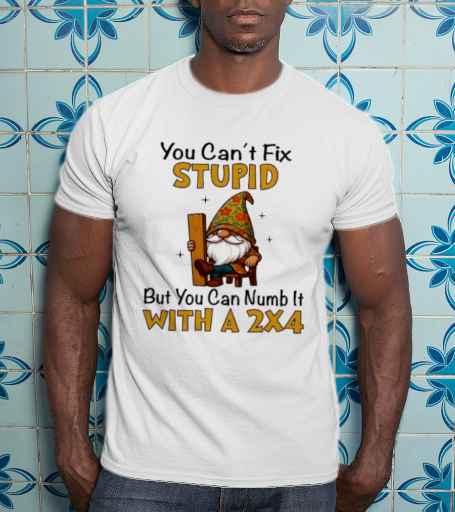 You Can't Fix Stupid But You Can Numb It With A 2x4 Gnome Holding Wood Humor T-Shirt