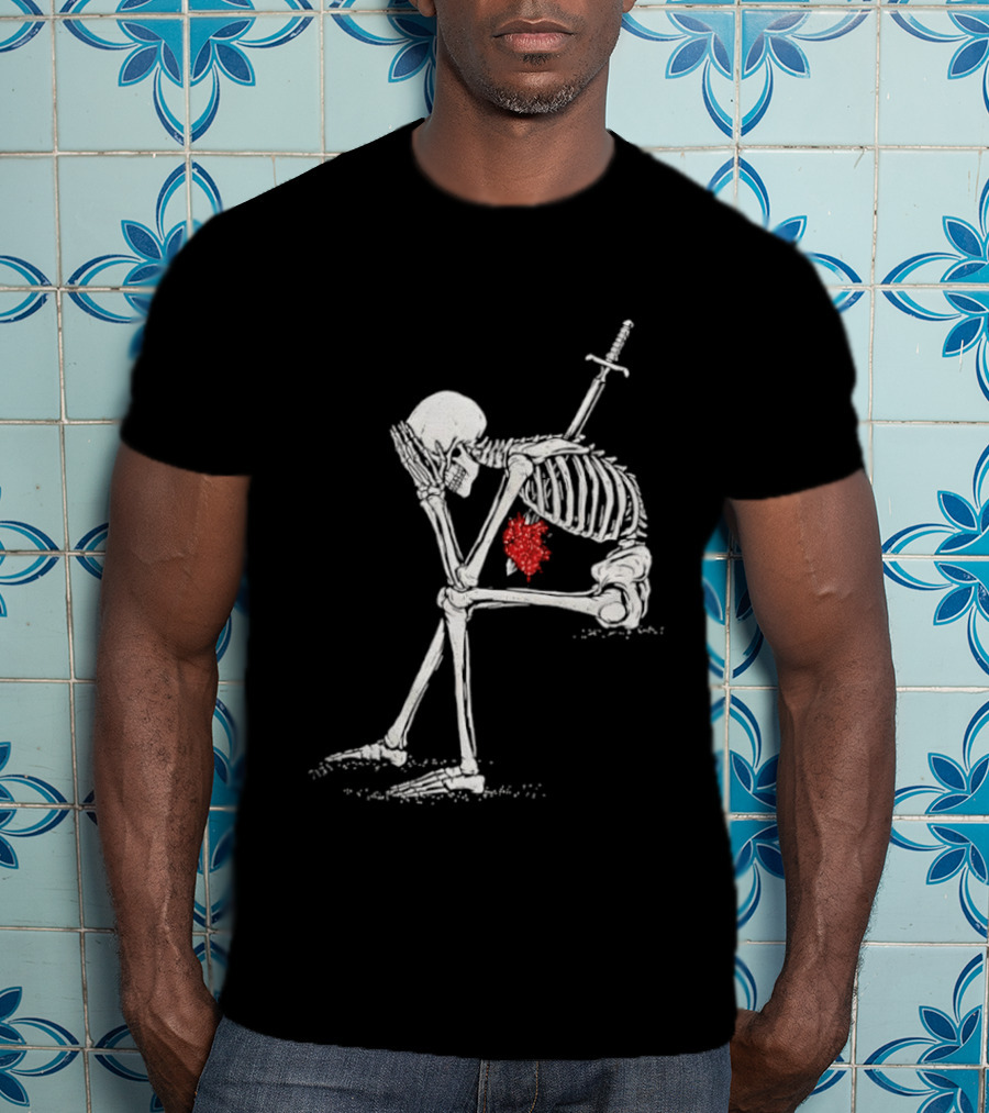 Sad Skeleton With Sword And Bleeding Heart Drawing T-Shirt