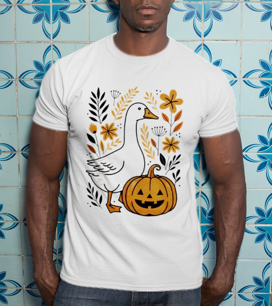 Pumpkin Jack O Lantern Goose Fall Farmhouse Floral Halloween T-Shirt