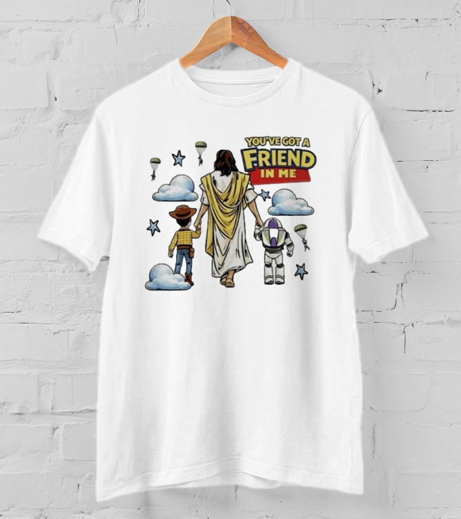 You've Got A Friend In Me Jesus Woody Buzz Lightyear Parachutes Clouds Stars T-Shirt