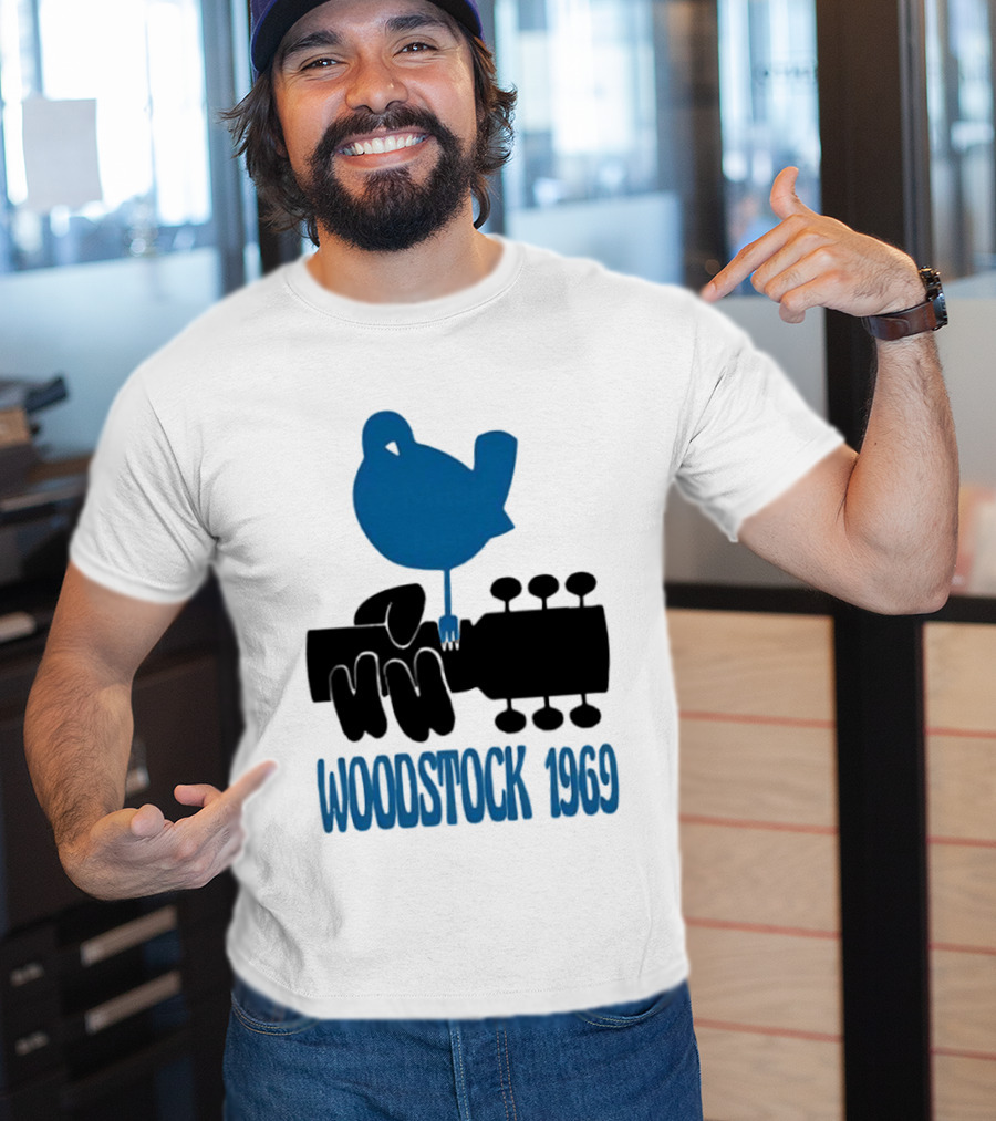 Woodstock 1969 Music Festival Bird On Guitar Neck T-Shirt