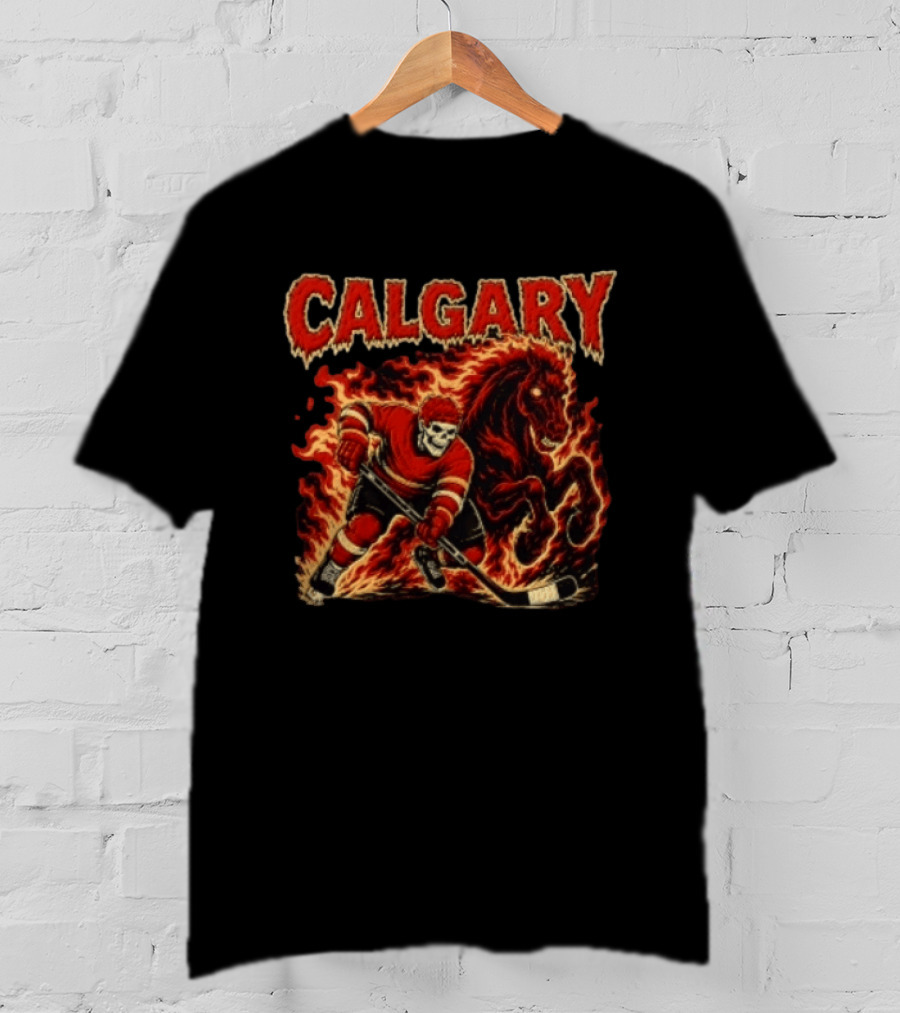Calgary Flames Skeleton Hockey Player With Fiery Horse T-Shirt