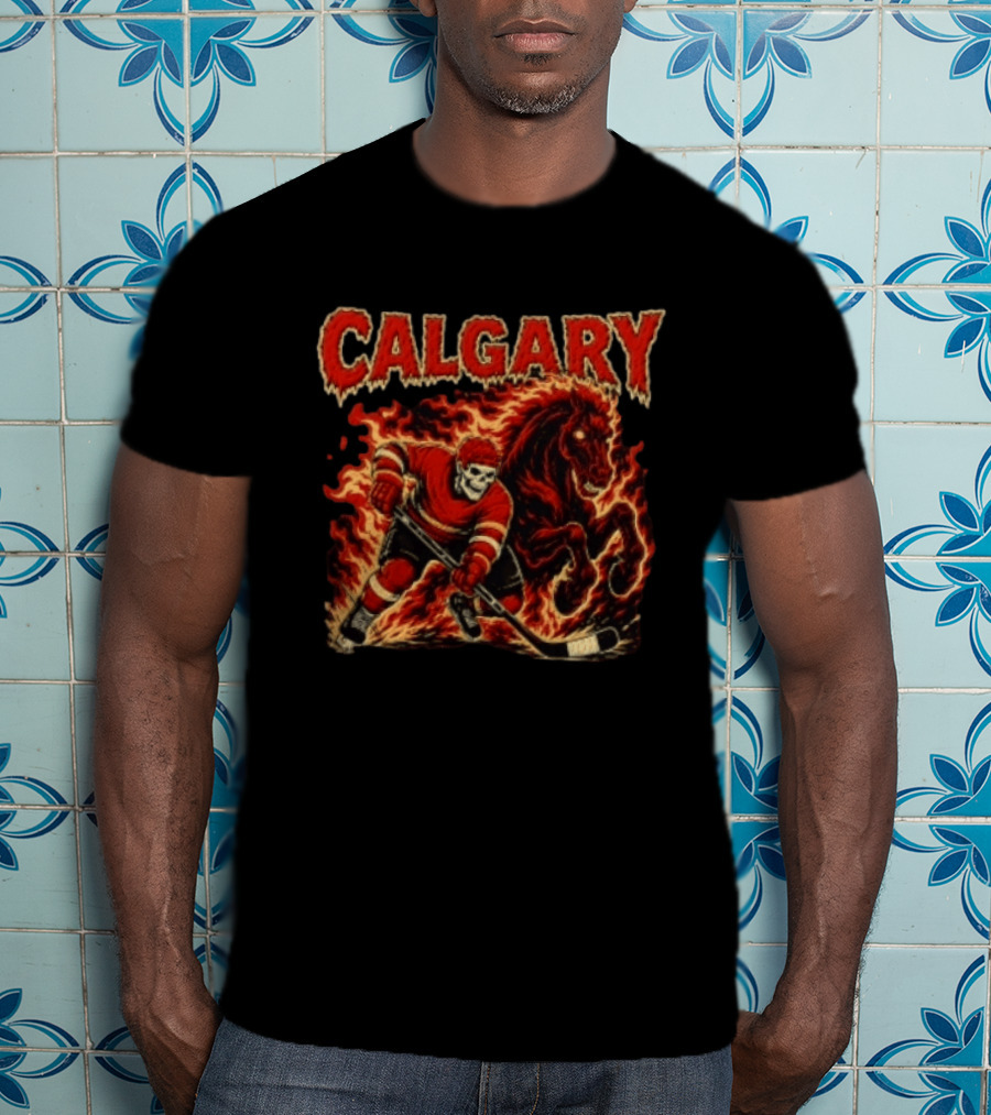 Calgary Flames Skeleton Hockey Player With Fiery Horse T-Shirt