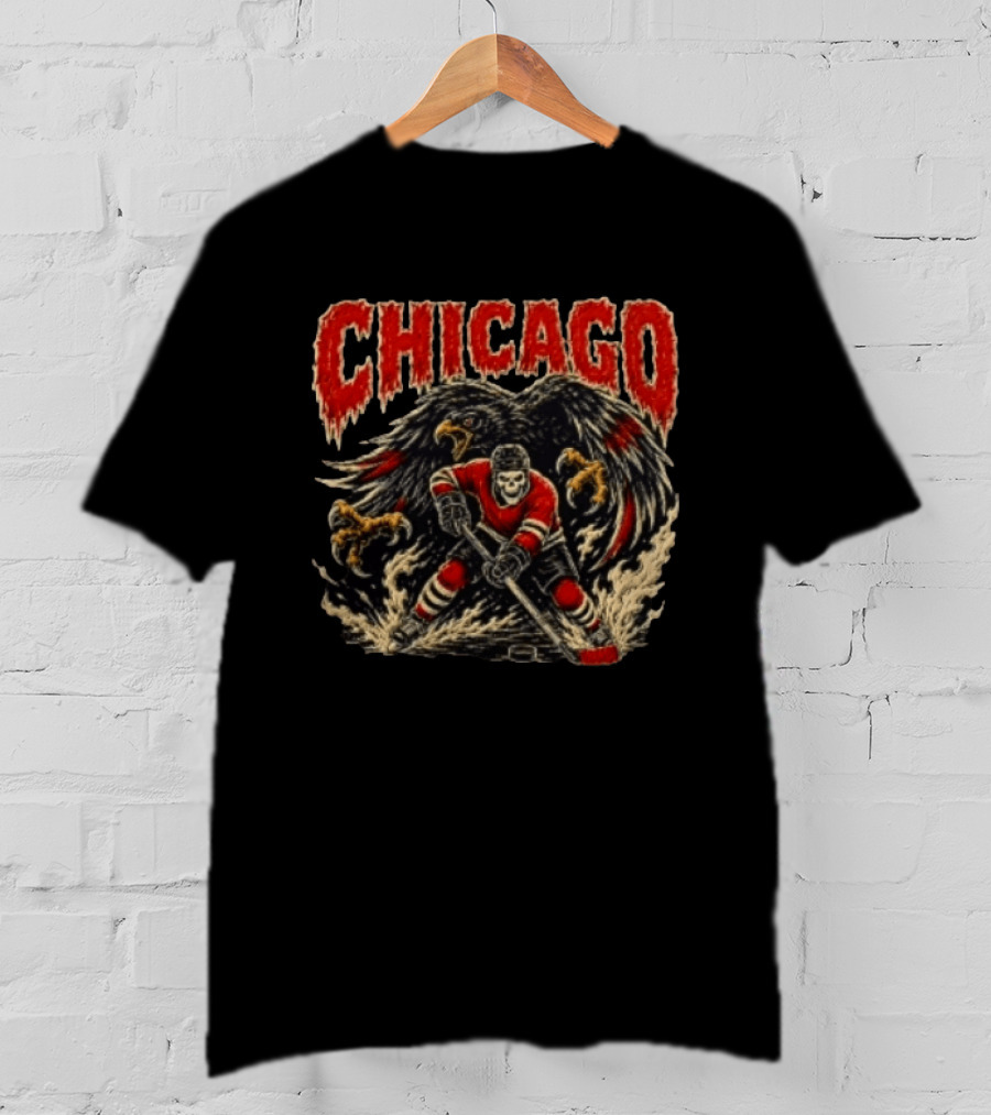 Chicago Blackhawks Skeleton Hockey Player With Hawk Wings T-Shirt