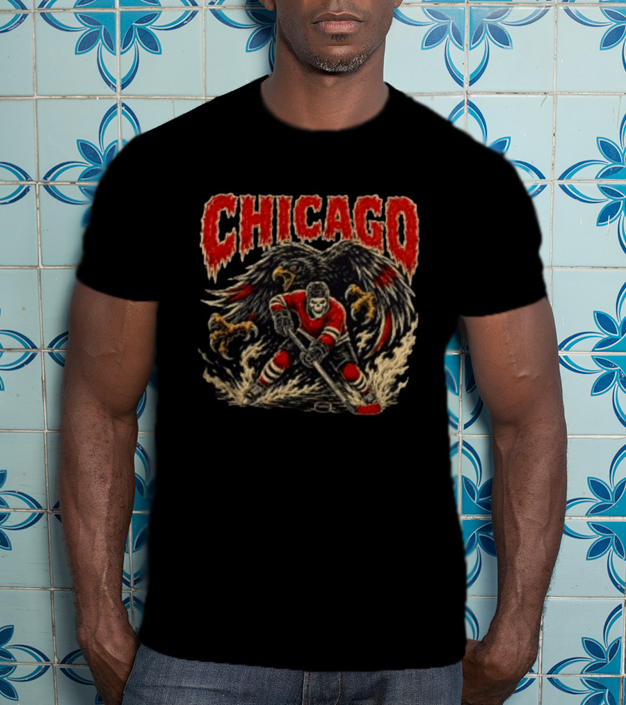 Chicago Blackhawks Skeleton Hockey Player With Hawk Wings T-Shirt
